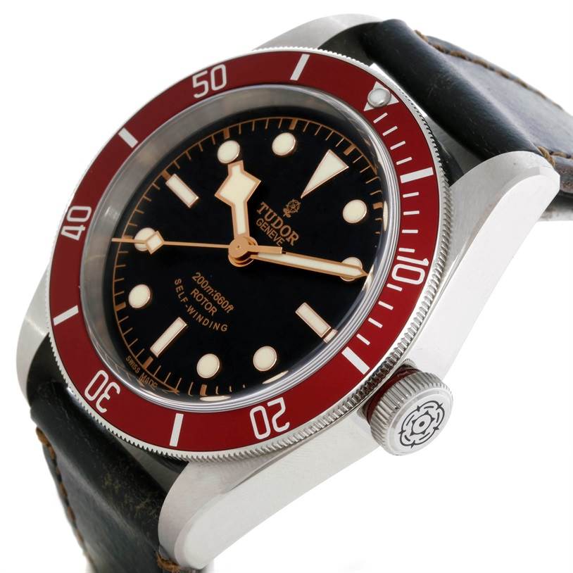 The image shows a Tudor Heritage Black Bay 79220R Men
s Stainless Steel Black Dial 79220R Men
s Stainless Steel Black Dial watch at an angled view, highlighting the crown, bezel, and dial.