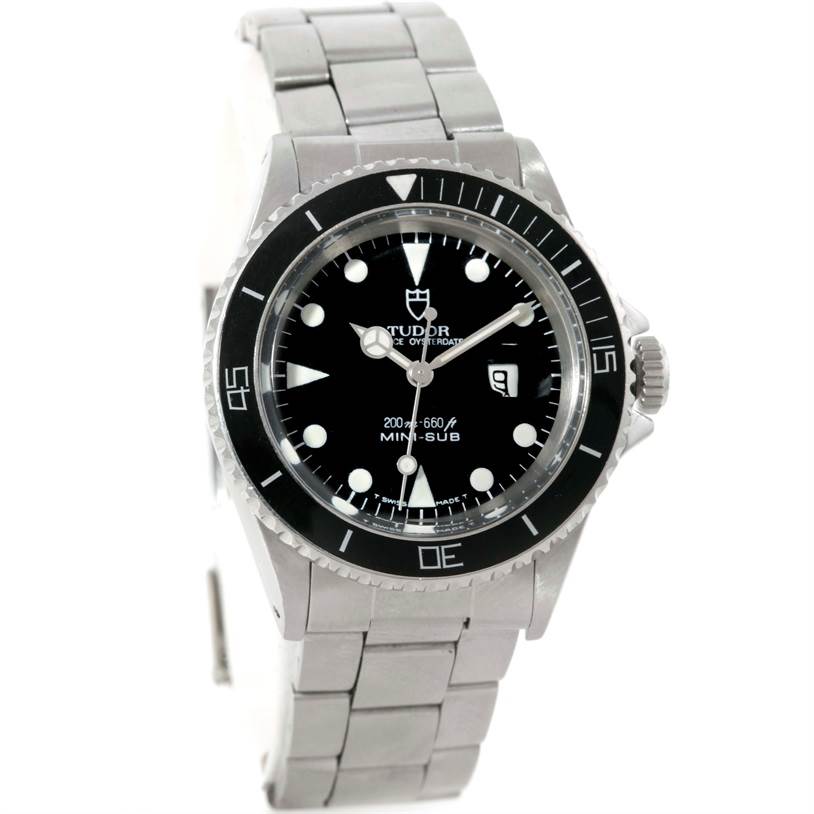 The Tudor Submariner 73090 Men's Stainless Steel Black Dial 73090 Men's Stainless Steel Black Dial watch is shown from a front angle, displaying its dial, bezel, and stainless steel bracelet.