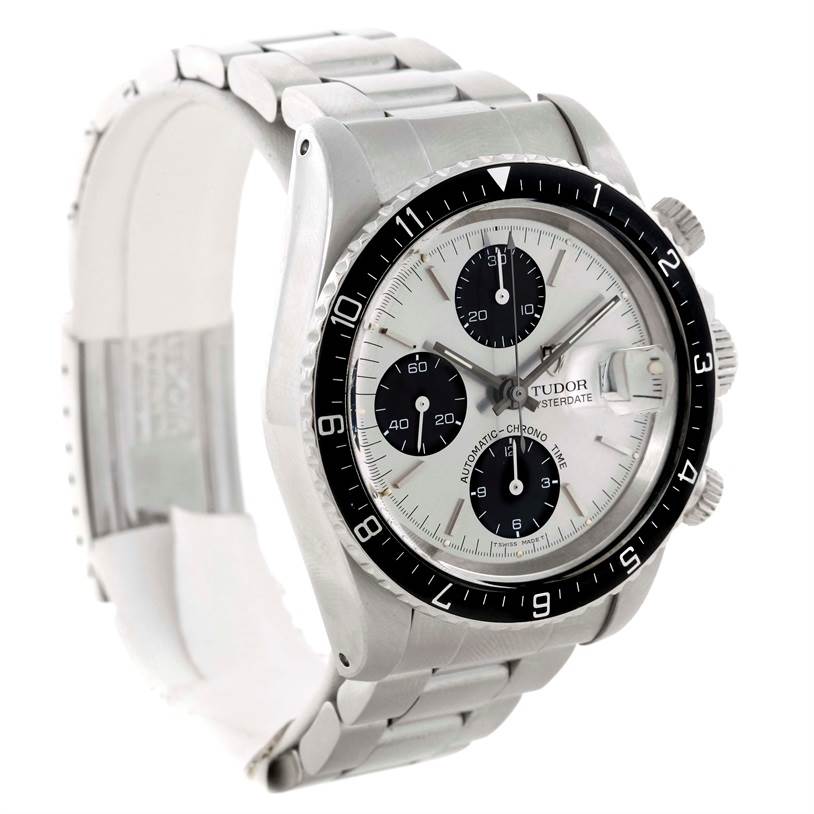 The watch is shown at a three-quarter angle, highlighting the dial, bezel, and bracelet of the Tudor Big Block 79170 Men's Stainless Steel Silver Dial 79170 Men's Stainless Steel Silver Dial model.