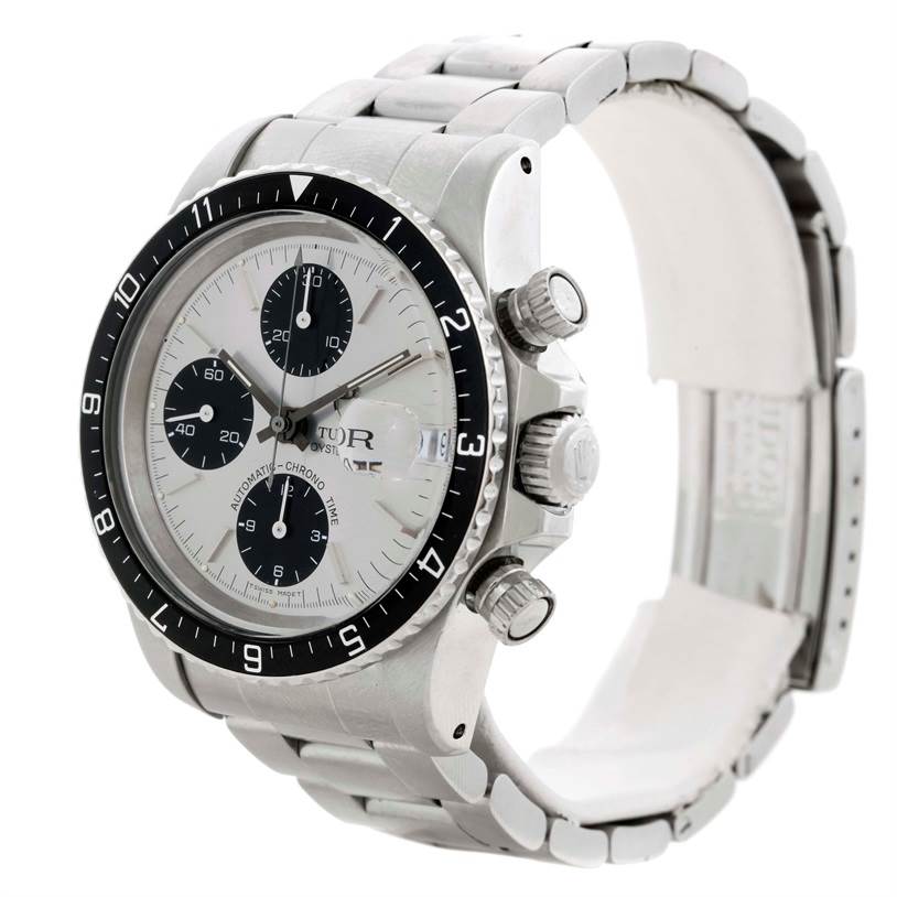 The image shows a Tudor Big Block 79170 Men's Stainless Steel Silver Dial 79170 Men's Stainless Steel Silver Dial watch at an angle that highlights the face, bezel, side buttons, and part of the bracelet.