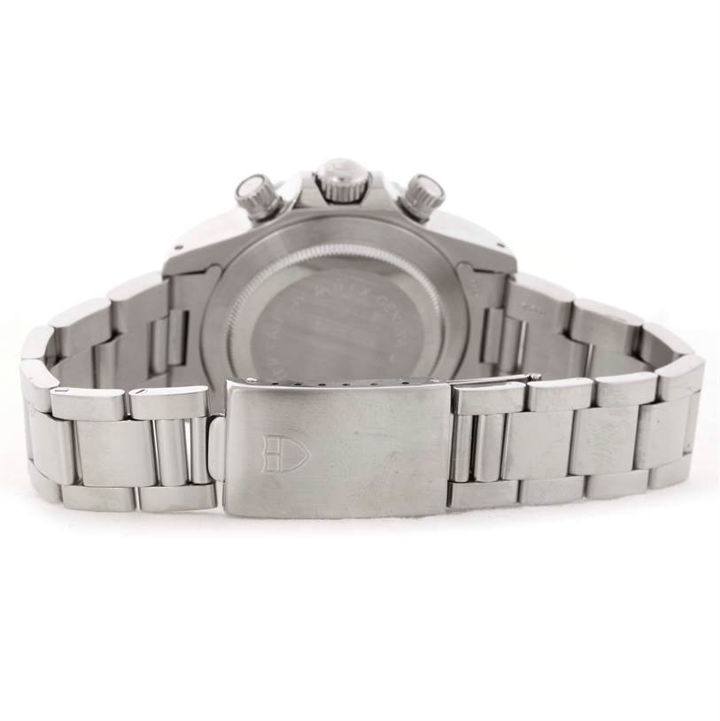 The image shows the back view of a Tudor Big Block 79170 Men's Stainless Steel Silver Dial 79170 Men's Stainless Steel Silver Dial watch, focusing on the case back, crown, chronograph pushers, and metal bracelet with clasp.