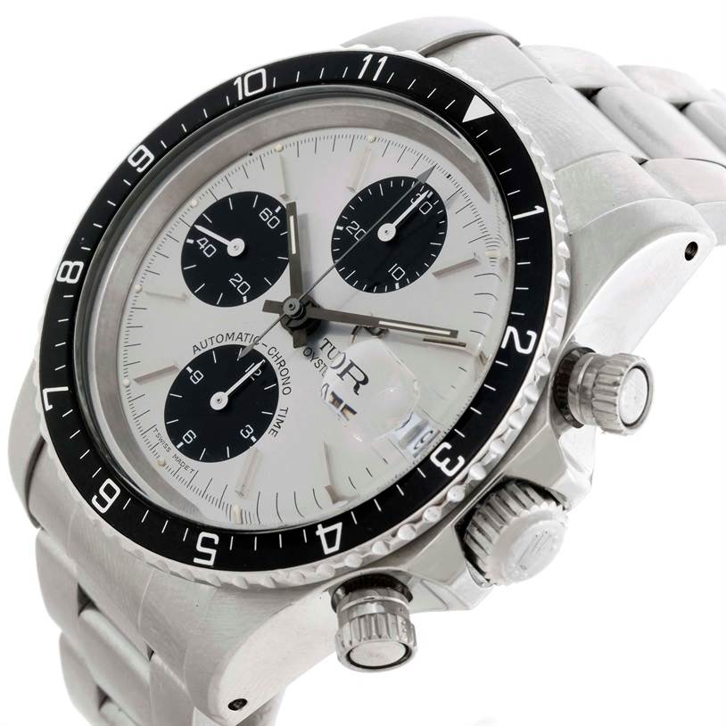 This image shows a close-up side and front view of the Tudor Big Block 79170 Men's Stainless Steel Silver Dial 79170 Men's Stainless Steel Silver Dial watch, highlighting its bezel, chronograph dials, and crown.