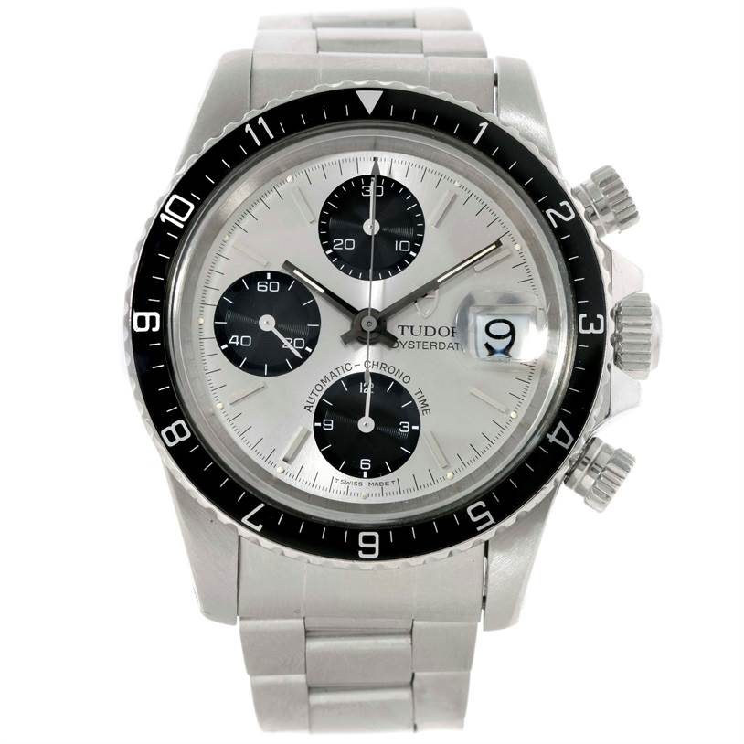 The image shows a frontal view of the Tudor Big Block 79170 Men's Stainless Steel Silver Dial 79170 Men's Stainless Steel Silver Dial watch, featuring its bezel, dial, subdials, hands, and bracelet.