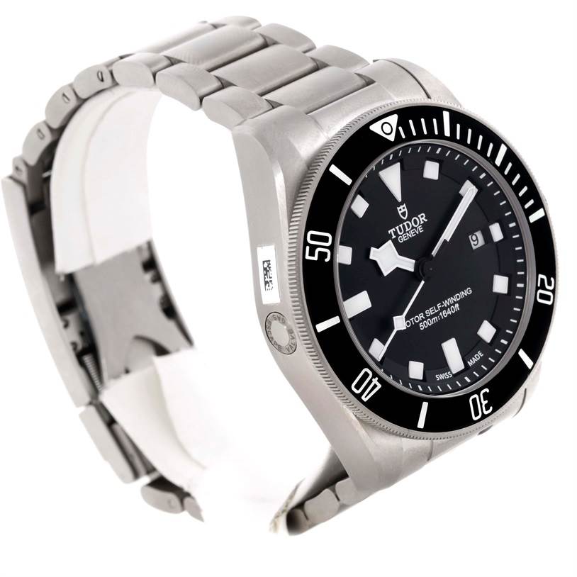 The Tudor Pelagos 25500TN Men's Titanium Black Dial 25500TN Men's Titanium Black Dial watch is shown from a three-quarter angle, highlighting the dial, bezel, and metal bracelet.