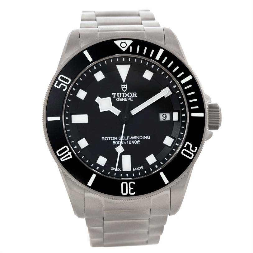 This image shows a front view of a Tudor Pelagos 25500TN Men's Titanium Black Dial 25500TN Men's Titanium Black Dial watch, displaying its face, bezel, and part of the bracelet.
