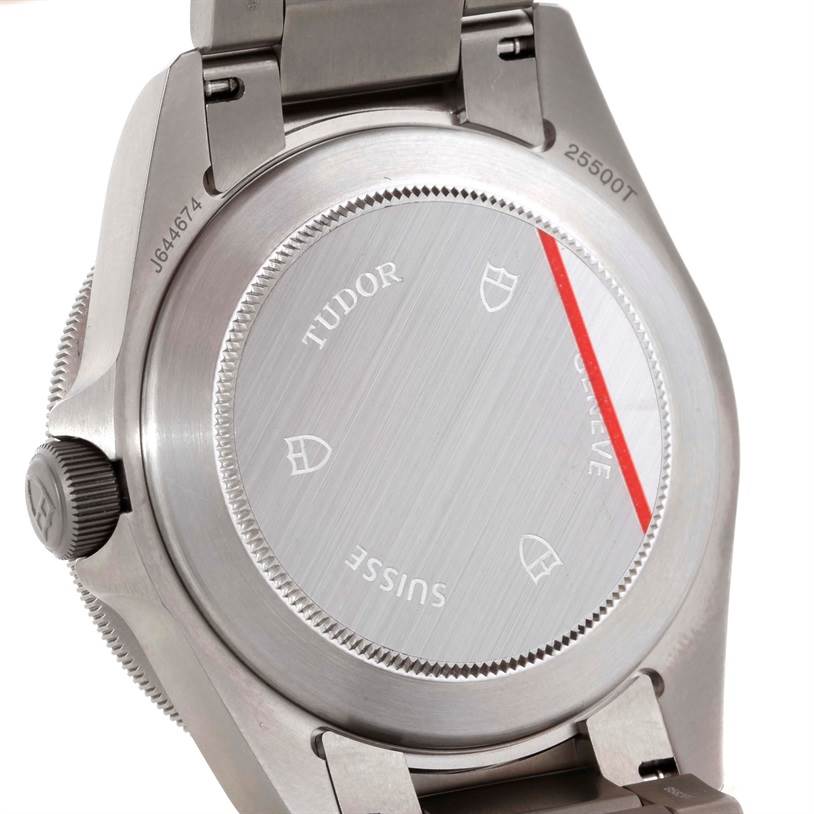 The image shows the backside of the Tudor Pelagos 25500TN Men's Titanium Black Dial 25500TN Men's Titanium Black Dial watch, highlighting the case back and bracelet attachment.