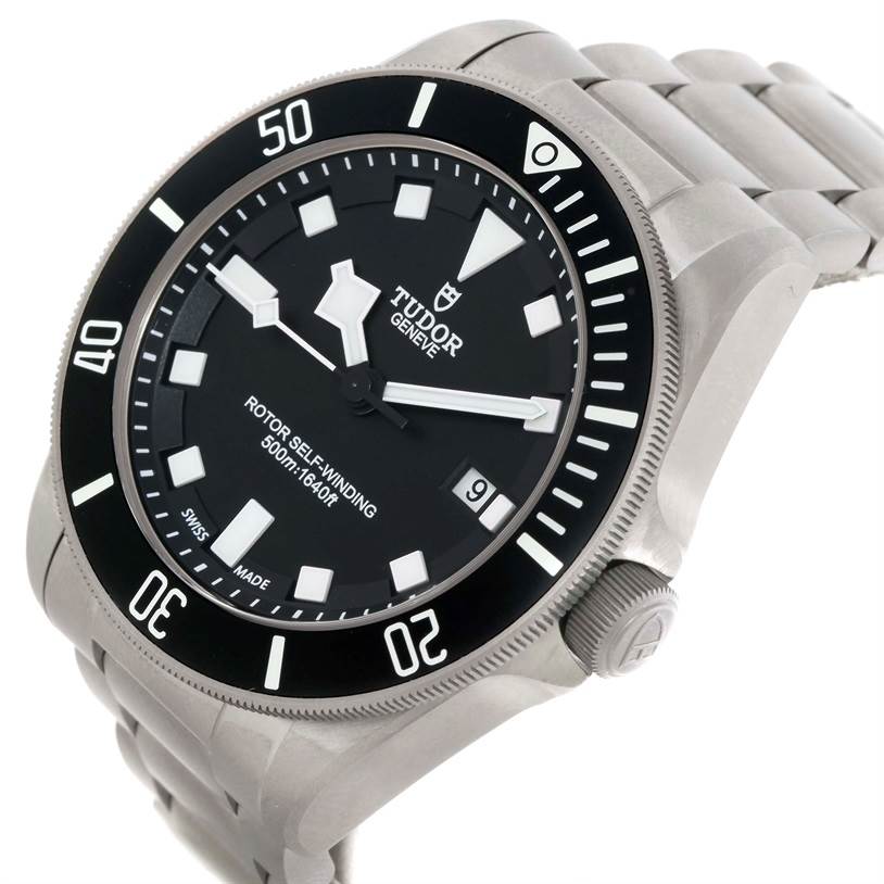 The image shows a Tudor Pelagos 25500TN Men's Titanium Black Dial 25500TN Men's Titanium Black Dial watch at an angled close-up, highlighting its dial, bezel, and part of the metal bracelet.