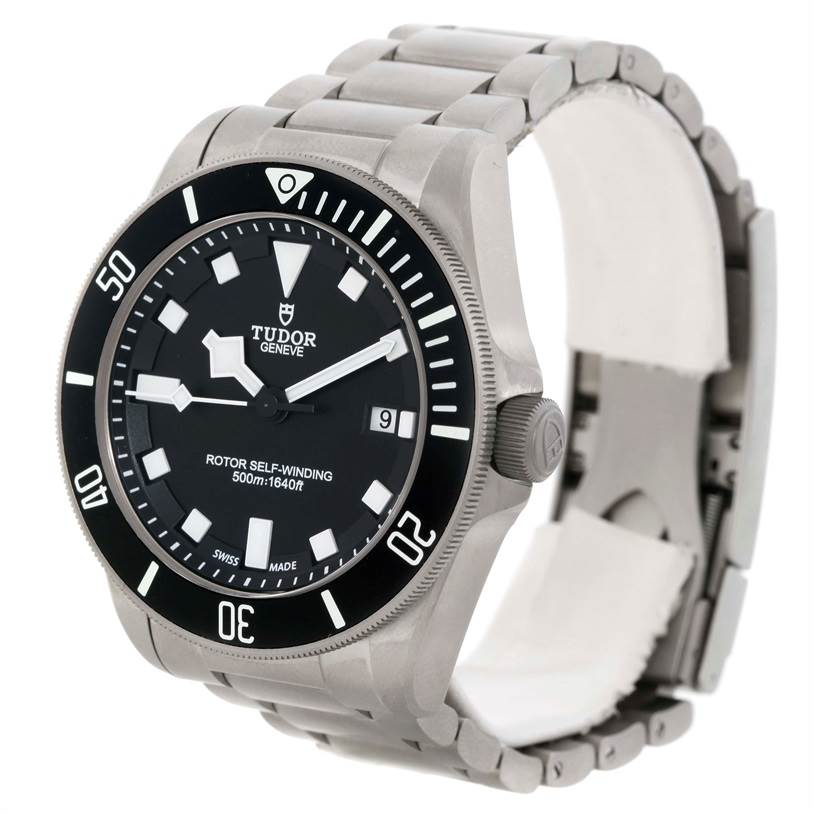 The image shows a Tudor Pelagos 25500TN Men's Titanium Black Dial 25500TN Men's Titanium Black Dial watch from an angled front view, highlighting the face, bezel, and bracelet.