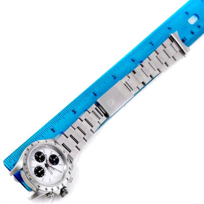 The Tudor Tiger 79280 Men's Stainless Steel White Dial 79280 Men's Stainless Steel White Dial model watch is shown from an overhead angle, displaying the full bracelet, clasp, and face.