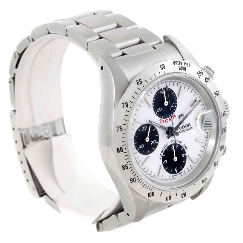 The Tudor Tiger 79280 Men's Stainless Steel White Dial 79280 Men's Stainless Steel White Dial model watch is shown at an angle displaying its face, bezel, and metal bracelet.