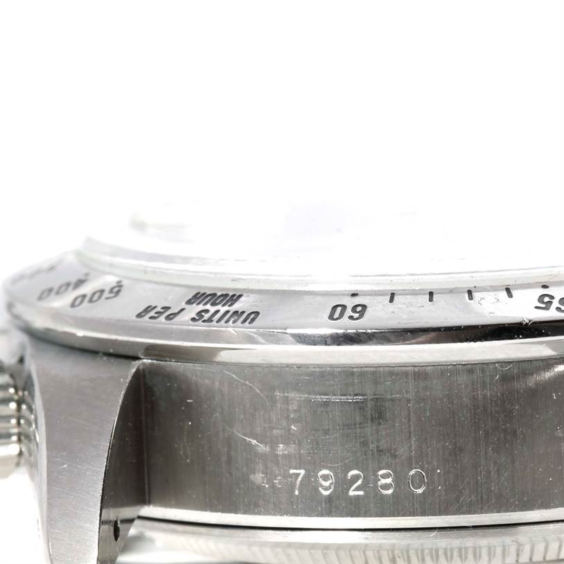 The image shows a side angle of a Tudor Tiger 79280 Men's Stainless Steel White Dial 79280 Men's Stainless Steel White Dial model watch, highlighting the bezel with markings and the model number 79280.