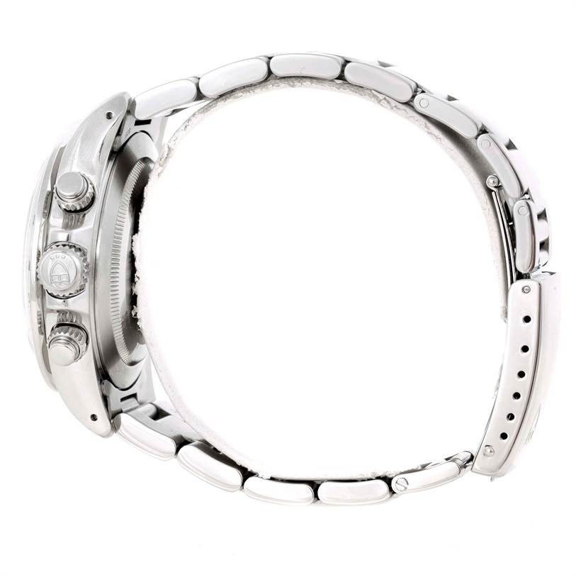 The image shows a side view of the Tudor Tiger 79280 Men's Stainless Steel White Dial 79280 Men's Stainless Steel White Dial model watch, highlighting its crown, pushers, and stainless steel bracelet.