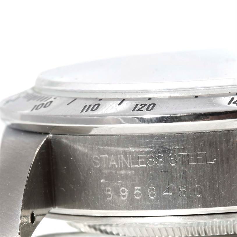 This close-up image shows the side of the stainless steel case and bezel of the Tudor Tiger 79280 Men's Stainless Steel White Dial 79280 Men's Stainless Steel White Dial model watch.