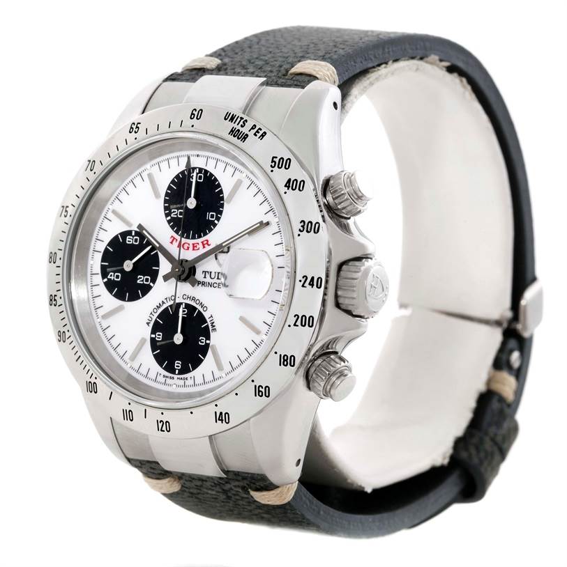 The image shows a side and angled view of the Tudor Tiger 79280 Men's Stainless Steel White Dial 79280 Men's Stainless Steel White Dial model watch, highlighting the bezel, dial, chronograph sub-dials, and crown.