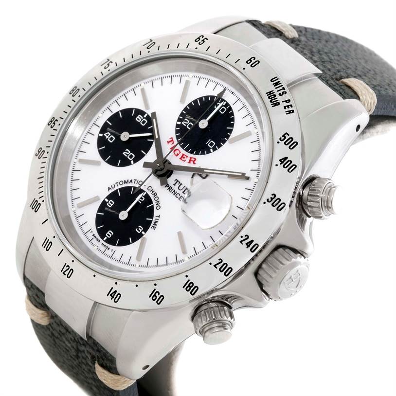 The image shows a side angle of the Tudor Tiger 79280 Men's Stainless Steel White Dial 79280 Men's Stainless Steel White Dial watch, highlighting its dial, chronograph buttons, and strap.