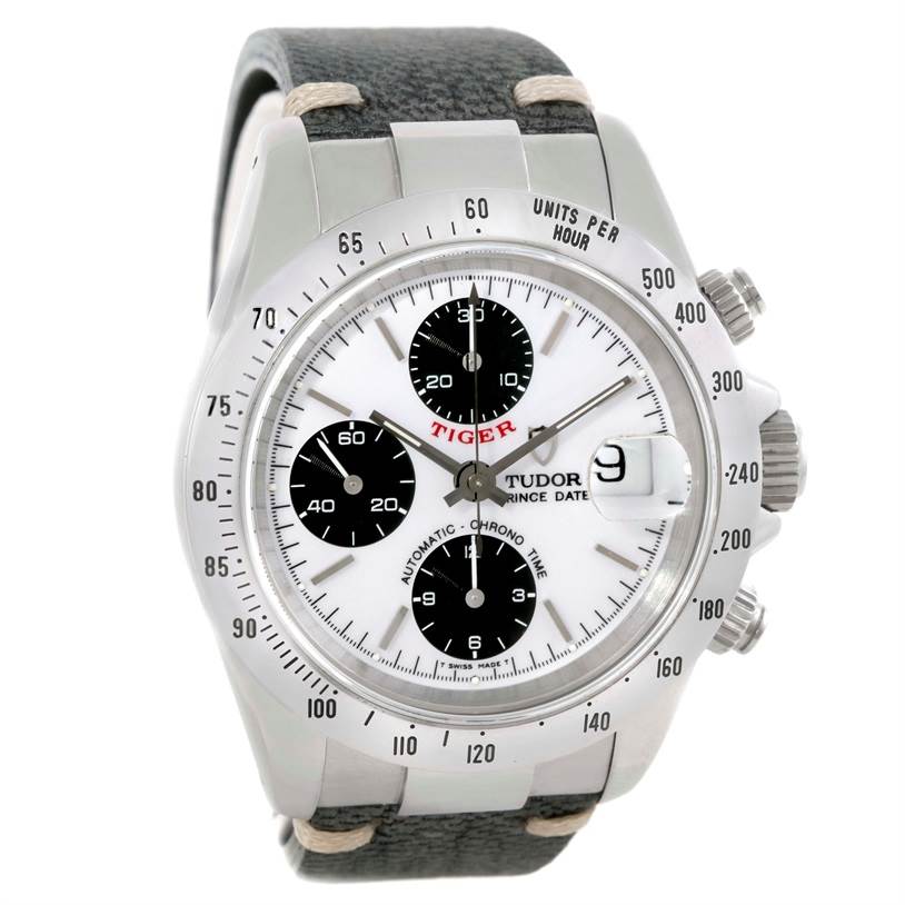 The image shows a front view of the Tudor Tiger 79280 Men's Stainless Steel White Dial 79280 Men's Stainless Steel White Dial model watch, highlighting its dial, sub-dials, and bezel.