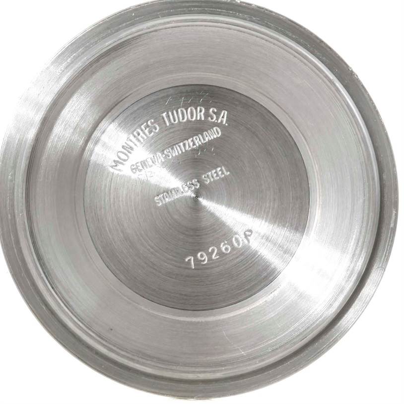 This image shows the stainless steel case back of the Tudor Tiger 79280 Men's Stainless Steel White Dial 79280 Men's Stainless Steel White Dial model watch.