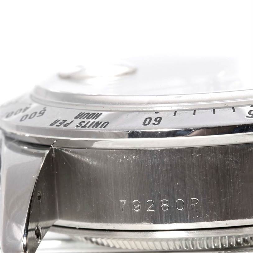 The close-up shot of the Tudor Tiger 79280 Men's Stainless Steel White Dial 79280 Men's Stainless Steel White Dial watch shows the case side, lugs, and part of the bezel, displaying the model number 79280P.