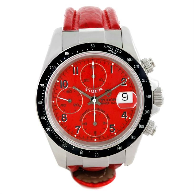 This is a front view of a Tudor Prince model watch, showing the dial, bezel, crown, and chronograph pushers.