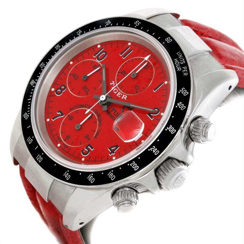 The Tudor Prince model is shown at a slightly tilted angle, highlighting its red dial, bezel, and side buttons.