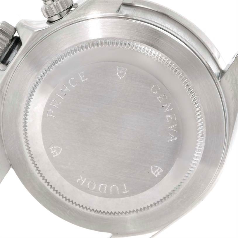 This is the back case of a Tudor Prince model watch, shown at a slight angle highlighting the engravings.