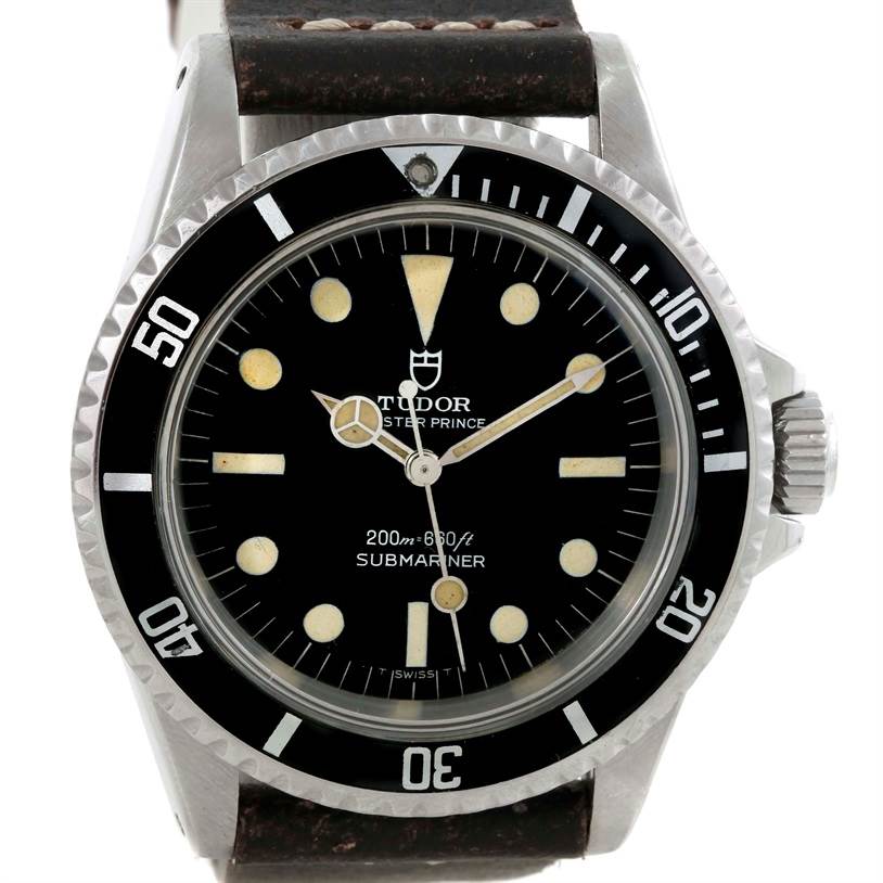 The image shows a front view of a Tudor Submariner 7016 Men's Stainless Steel Black Dial 7016 Men's Stainless Steel Black Dial watch, featuring its dial, bezel, and crown.