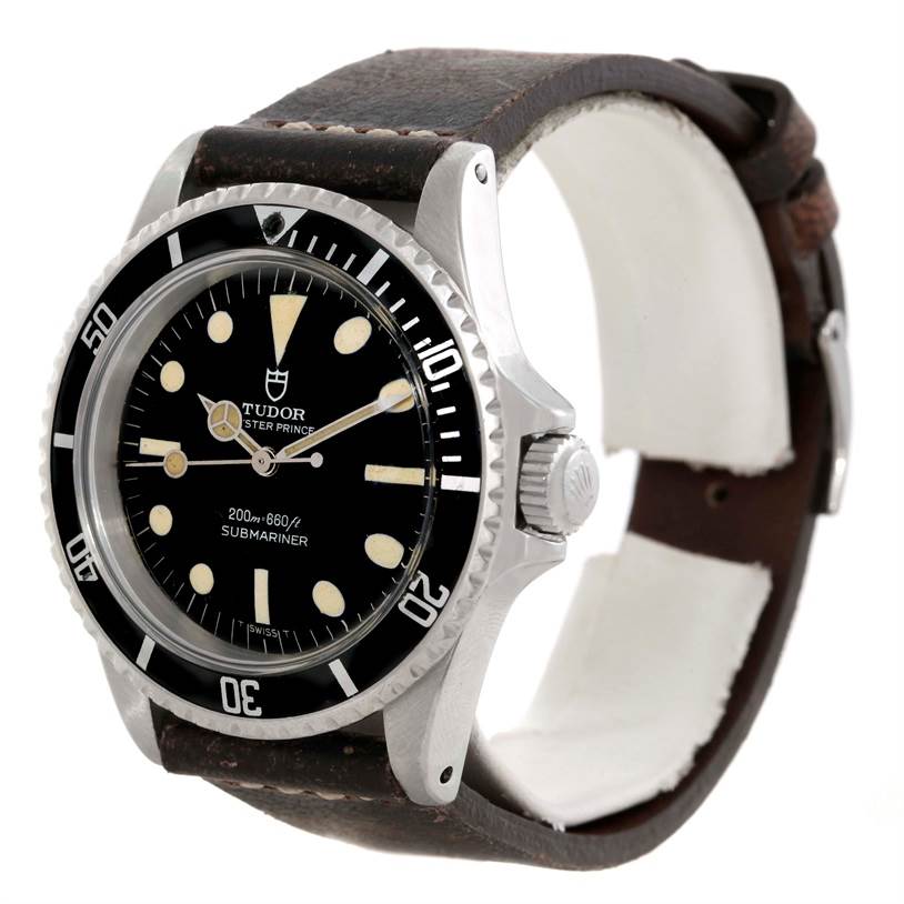 This Tudor Submariner 7016 Men's Stainless Steel Black Dial 7016 Men's Stainless Steel Black Dial watch is shown at a three-quarter angle highlighting the face, bezel, crown, and leather strap.