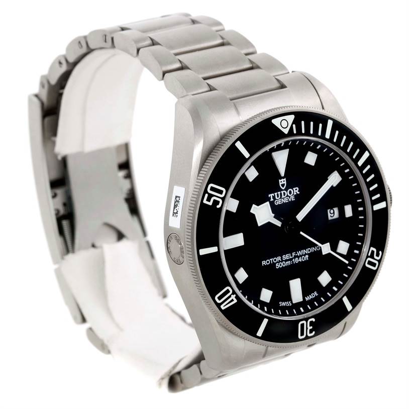 The image shows a Tudor Pelagos 25500TN Men's Titanium Black Dial 25500TN Men's Titanium Black Dial watch from a front angle, highlighting its face, bezel, and bracelet.