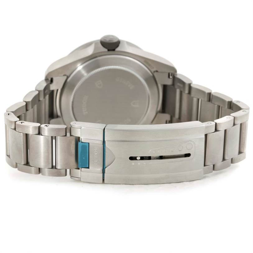 The image shows the clasp and case back of the Tudor Pelagos 25500TN Men's Titanium Black Dial 25500TN Men's Titanium Black Dial watch from a rear angle.