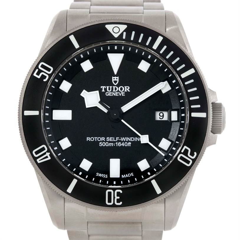 The Tudor Pelagos 25500TN Men's Titanium Black Dial 25500TN Men's Titanium Black Dial watch is shown from the front, displaying the dial, bezel, and part of the bracelet.