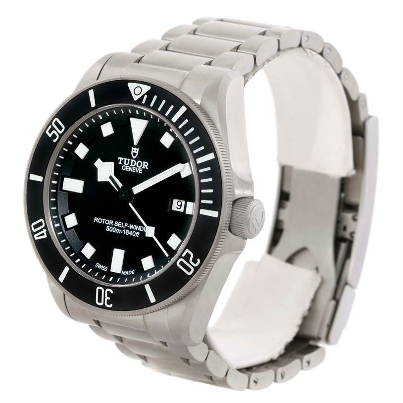 The image shows a Tudor Pelagos 25500TN Men's Titanium Black Dial 25500TN Men's Titanium Black Dial model watch at a slight side angle displaying the face, crown, and part of the bracelet.