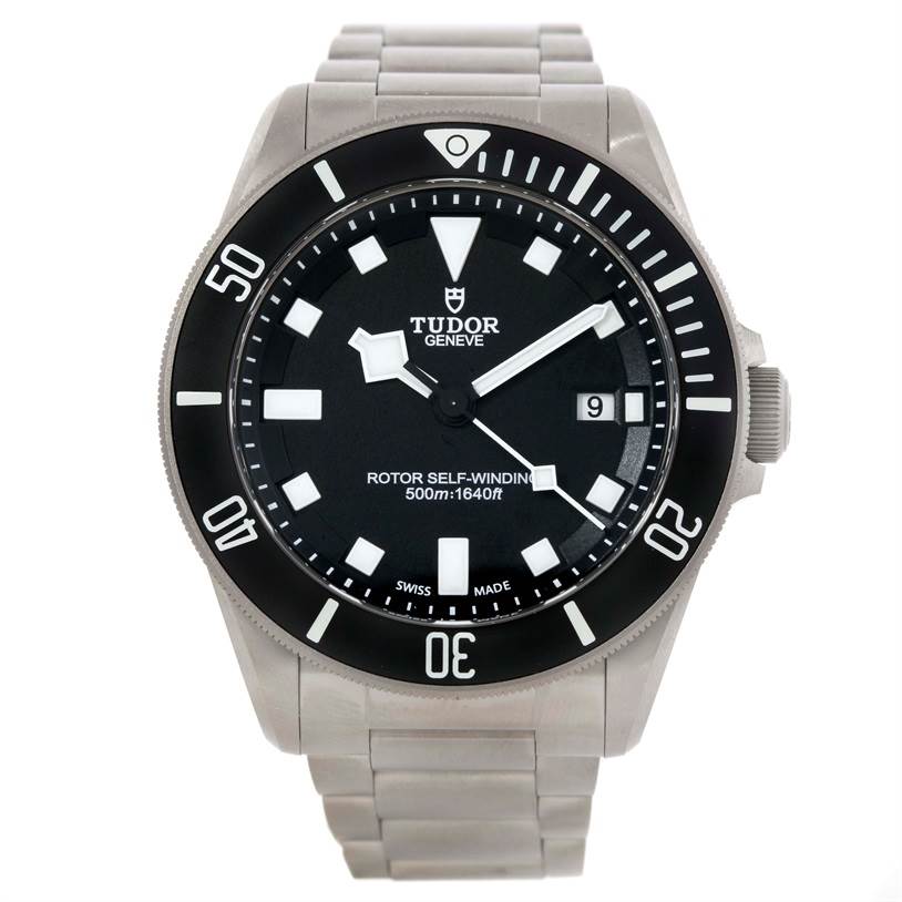 The image shows a front view of a Tudor Pelagos 25500TN Men's Titanium Black Dial 25500TN Men's Titanium Black Dial watch, highlighting the dial, bezel, and part of the metal bracelet.