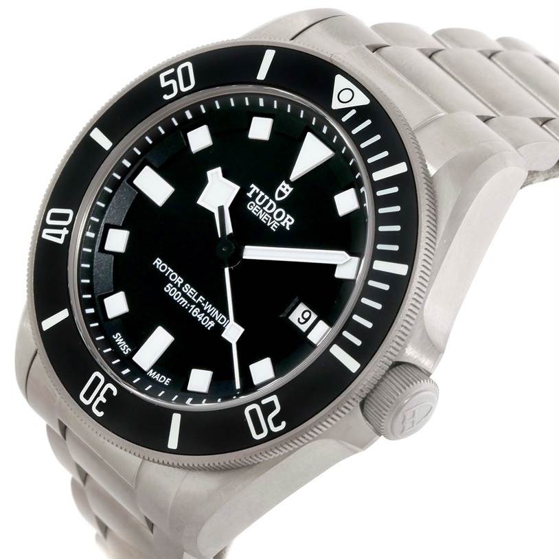 This image shows a Tudor Pelagos 25500TN Men's Titanium Black Dial 25500TN Men's Titanium Black Dial watch from an angled view, highlighting the dial, bezel, and part of the bracelet.