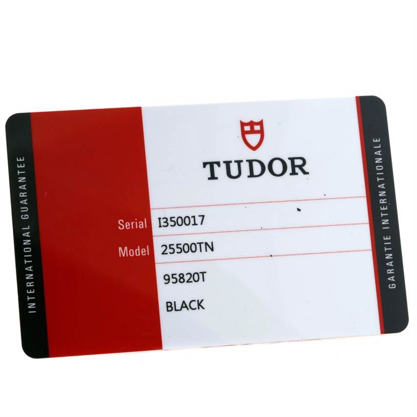 This image shows the international guarantee card for the Tudor Pelagos 25500TN Men's Titanium Black Dial 25500TN Men's Titanium Black Dial model watch, displaying serial and model numbers.