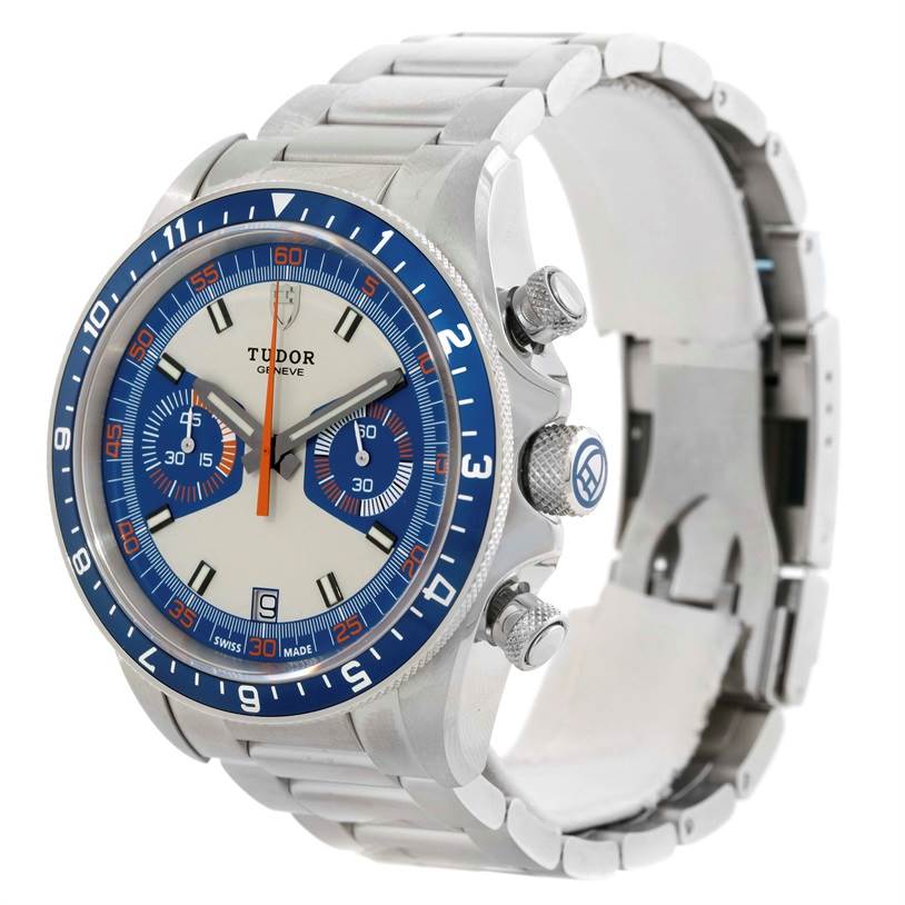 The image shows a Tudor Heritage Chrono 70330 Men's Stainless Steel Blue Dial 70330 Men's Stainless Steel Blue Dial watch from a slightly angled front view, highlighting the dial, bezel, and bracelet.