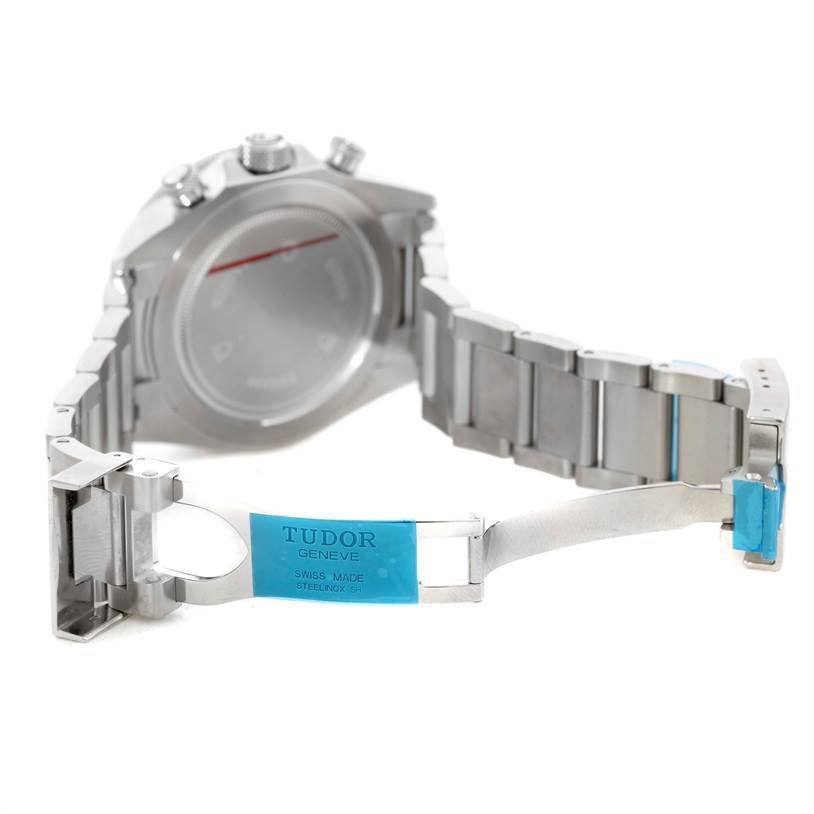 This image shows the back angle of the Tudor Heritage Chrono 70330 Men's Stainless Steel Blue Dial 70330 Men's Stainless Steel Blue Dial watch, focusing on its stainless steel bracelet and clasp.