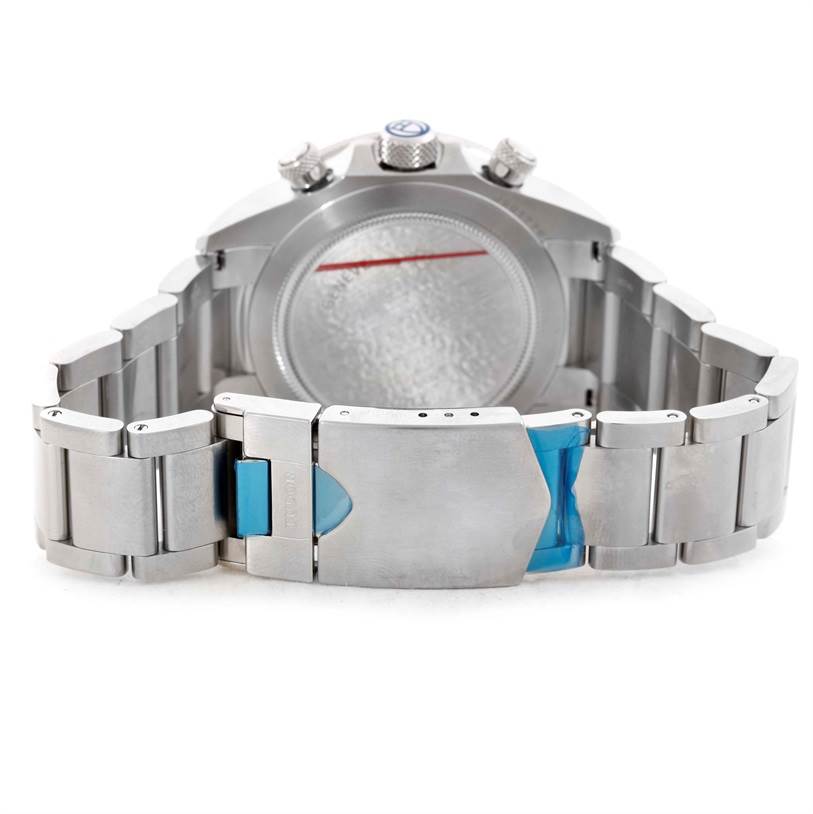 This image shows the back view of a Tudor Heritage Chrono 70330 Men's Stainless Steel Blue Dial 70330 Men's Stainless Steel Blue Dial watch, focusing on its stainless steel bracelet and clasp.