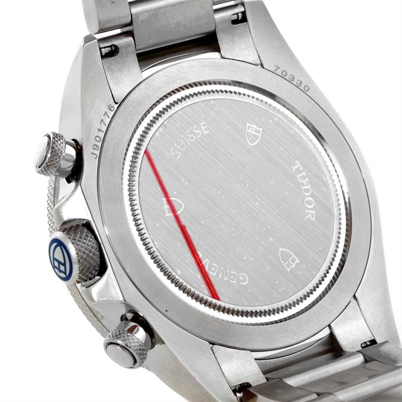 This image shows the case back and side view of the Tudor Heritage Chrono 70330 Men's Stainless Steel Blue Dial 70330 Men's Stainless Steel Blue Dial watch, focusing on the crown, pushers, and bracelet attachment.