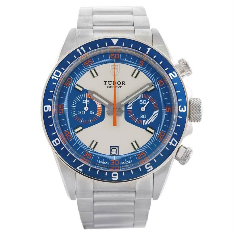 The image shows a front view of the Tudor Heritage Chrono 70330 Men's Stainless Steel Blue Dial 70330 Men's Stainless Steel Blue Dial watch, displaying the bezel, dial, subdials, hands, and bracelet.