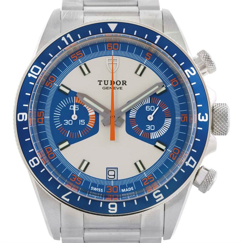 The Tudor Heritage Chrono 70330 Men's Stainless Steel Blue Dial 70330 Men's Stainless Steel Blue Dial watch is shown from a front angle, displaying the dial, bezel, and pushers.