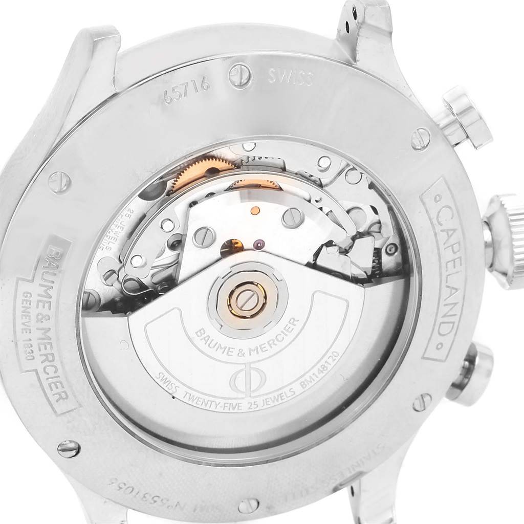 This image shows the back view of a Baume & Mercier Capeland 10066 Men's Stainless Steel Blue Dial 10066 Men's Stainless Steel Blue Dial model, revealing its internal mechanics.