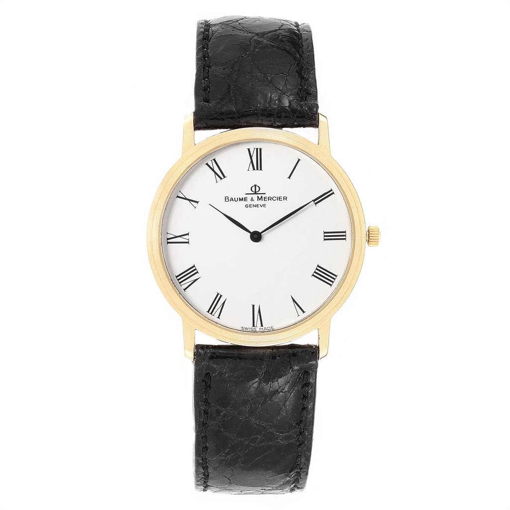 This image shows a front view of the Baume & Mercier Classima 95612 Men's Yellow Gold White Dial 95612 Men's Yellow Gold White Dial watch with a black leather strap and gold case.