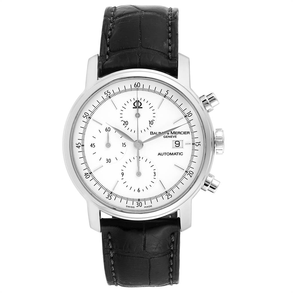 The image shows a front view of a Baume & Mercier Classima 65533 Men's Stainless Steel White Dial 65533 Men's Stainless Steel White Dial watch, displaying its dial, hands, subdials, and leather strap.