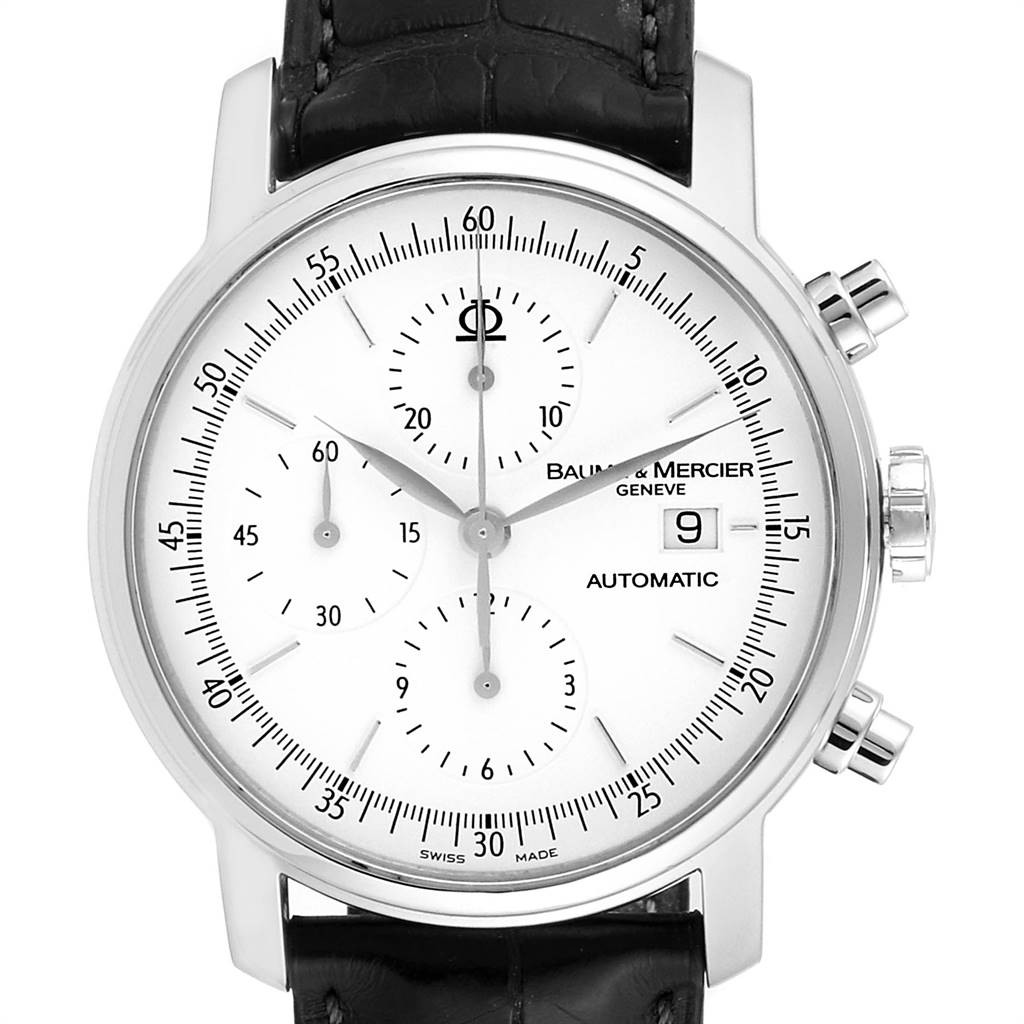 This image shows a front view of the Baume & Mercier Classima 65533 Men's Stainless Steel White Dial 65533 Men's Stainless Steel White Dial model watch with visible dials, markers, and crown.