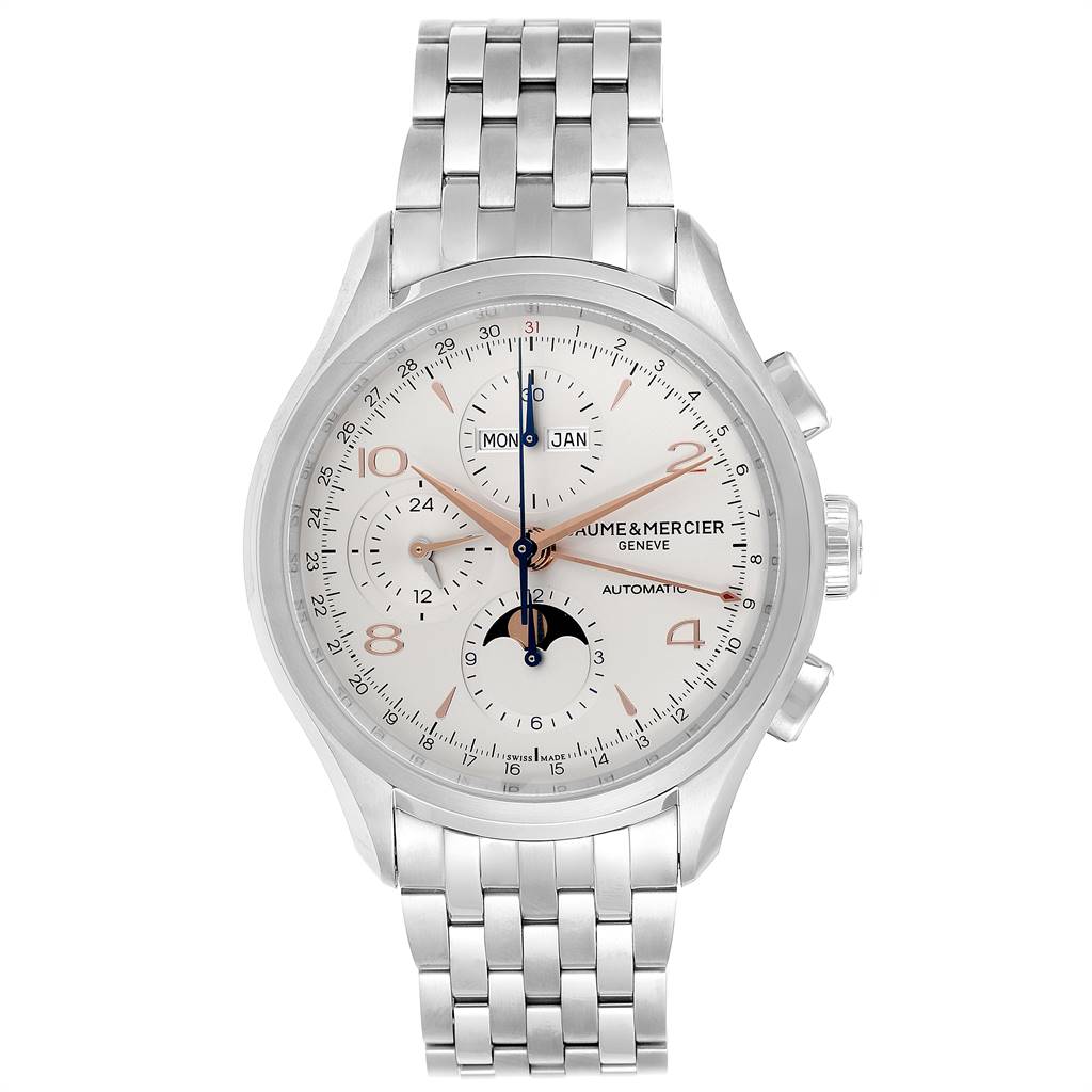 The image shows a front view of the Baume & Mercier Classima M0A10279 Men's Stainless Steel Silver Dial M0A10279 Men's Stainless Steel Silver Dial watch, highlighting its face and bracelet.