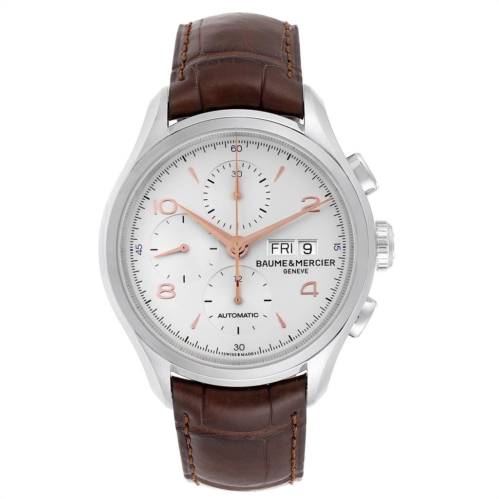 The image shows a front view of the Baume & Mercier Classima M0A10129 Men's Stainless Steel Silver Dial M0A10129 Men's Stainless Steel Silver Dial watch, highlighting its dial, case, and leather strap.