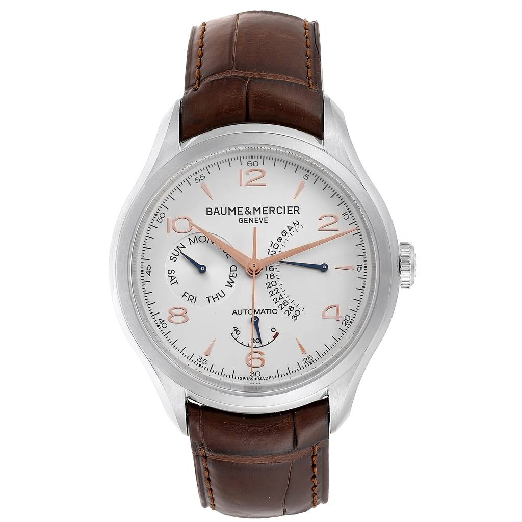 The Baume & Mercier Classima M0A10149 Men's Stainless Steel Silver Dial M0A10149 Men's Stainless Steel Silver Dial watch is shown from a front angle, displaying the face, hands, subdials, and leather strap.