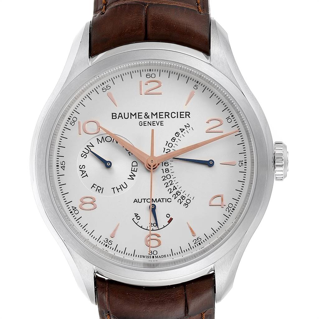 The image shows a front view of a Baume & Mercier Classima M0A10149 Men's Stainless Steel Silver Dial M0A10149 Men's Stainless Steel Silver Dial watch with a silver dial and brown leather strap.