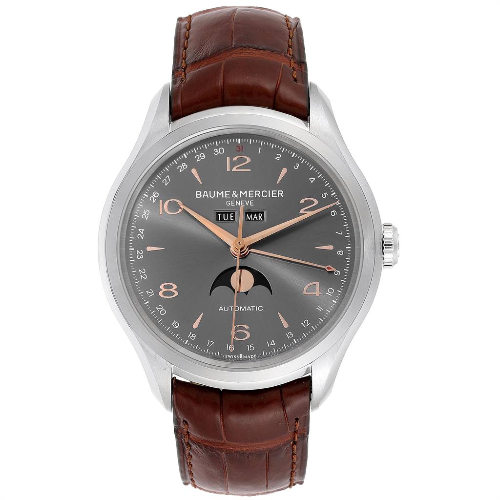 The image shows a front view of a Baume & Mercier Classima M0A10213 Men's Stainless Steel Grey Dial M0A10213 Men's Stainless Steel Grey Dial watch featuring a brown leather strap and a grey dial with day and date indicators.
