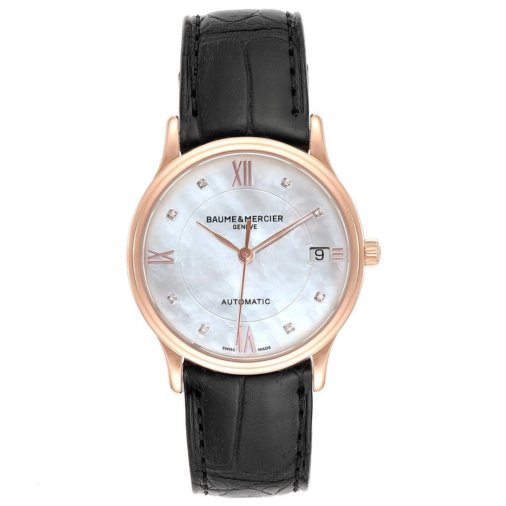 The image shows a front view of the Baume & Mercier Classima 10077 Men's Rose Gold Mother of Pearl Dial 10077 Men's Rose Gold Mother of Pearl Dial watch, displaying the dial, hands, case, and leather strap.